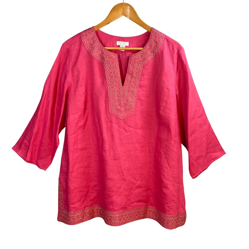 Vintage Linen Tunic Top Woman 18W Hot Pink Embroidered Boho Coastal Vacation